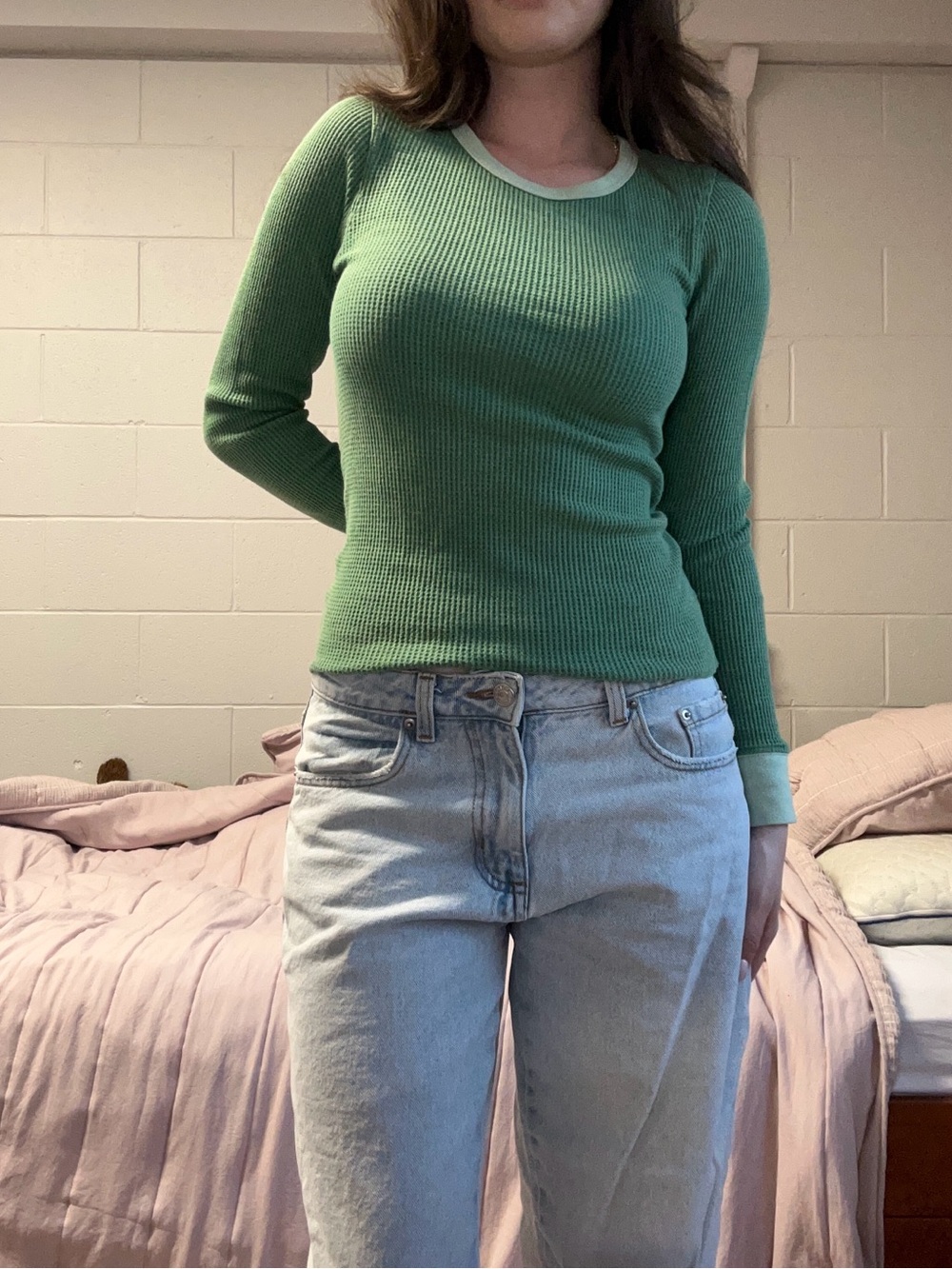 American Eagle Outfitters Two-Tone Green Waffle Knit Long Sleeve